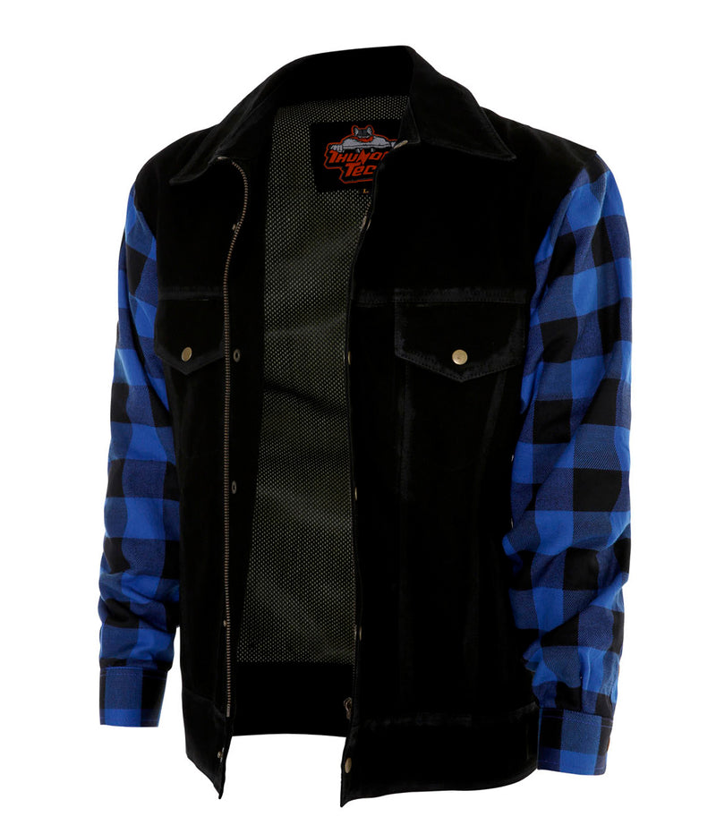 Black Denim Jacket with Blue & Black Flannel Arms with Full Protection Lining