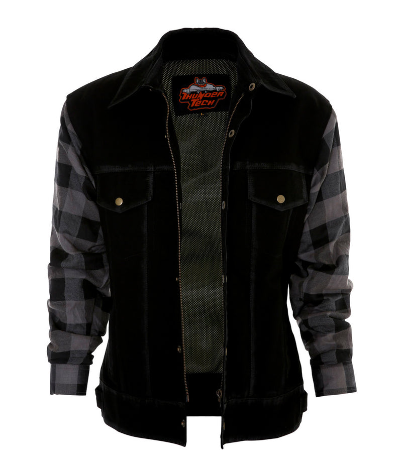 Black Denim Jacket with Dark Grey & Black Flannel Arms with Full Protection Lining