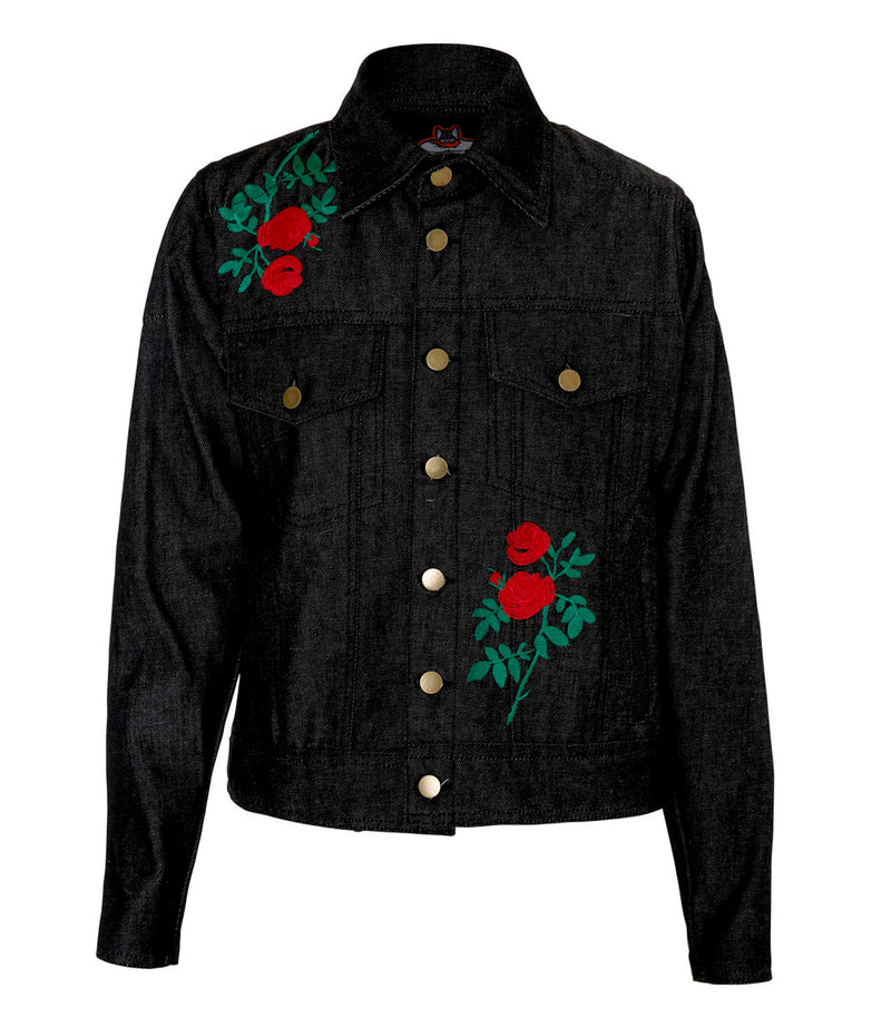 Ladies Faded Black Rose Embroided Denim Jacket